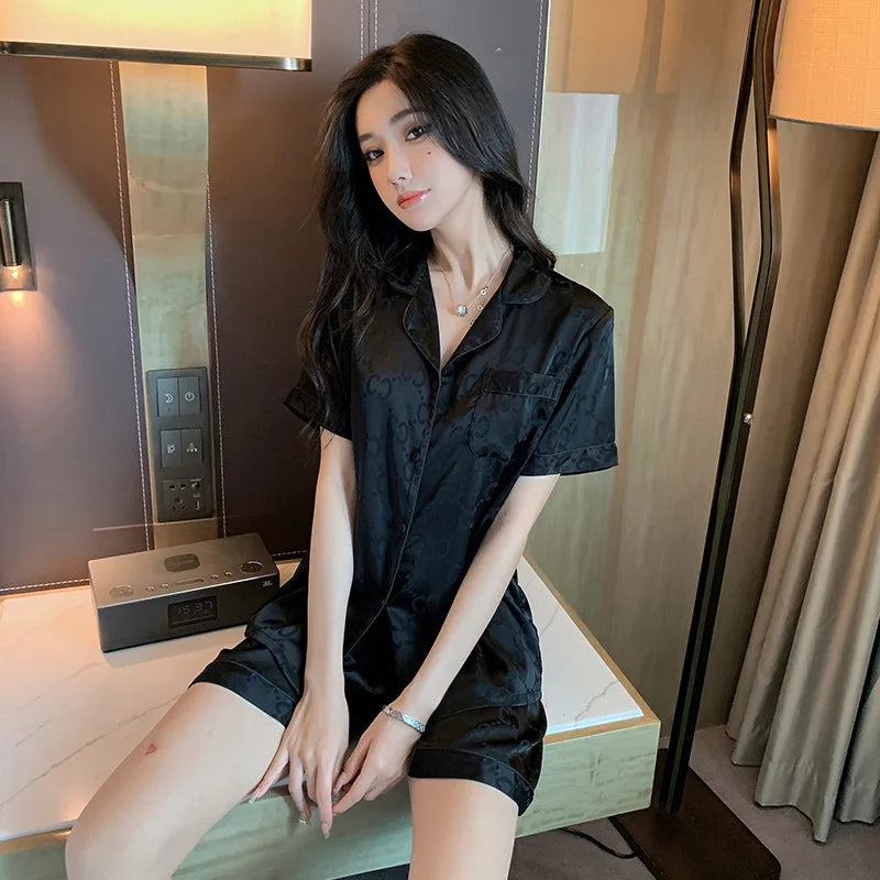 Cralom Women's Ice Silk Short Sleeve Cardigan Summer Sleepwear