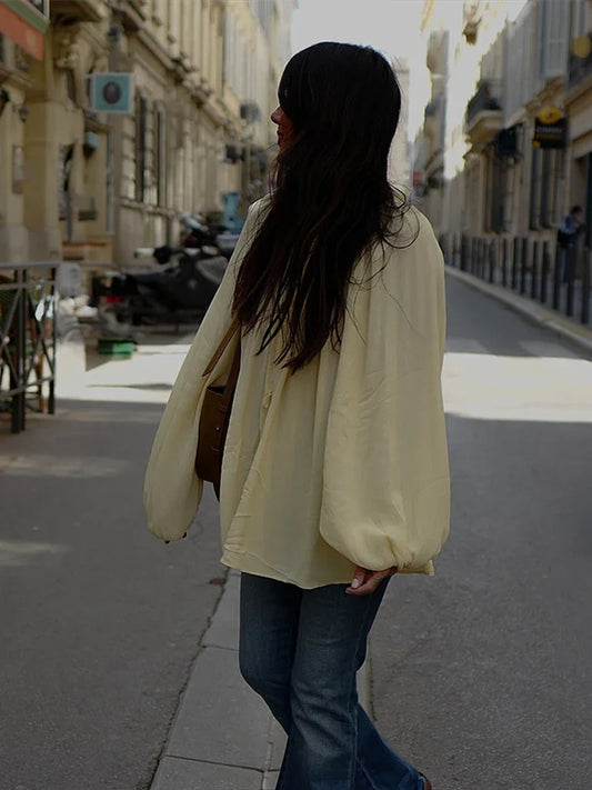 Cralom Elegant Chiffon Lantern Sleeve Loose T-shirt - Summer Autumn Fashion