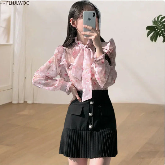 Cralom Ruffled Stand Collar Blouse 2025 Y2K Summer Chic Japan Cute Bow Tie Tops
