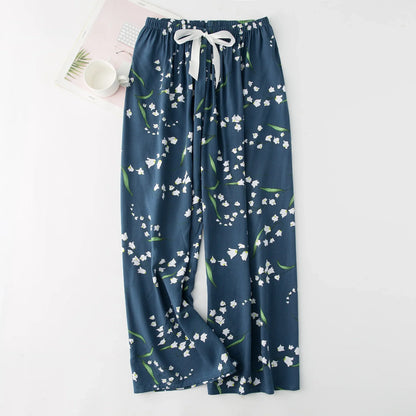 Cralom Floral Cotton Silk Pajama Pants Women's Loose Wide-leg Trousers