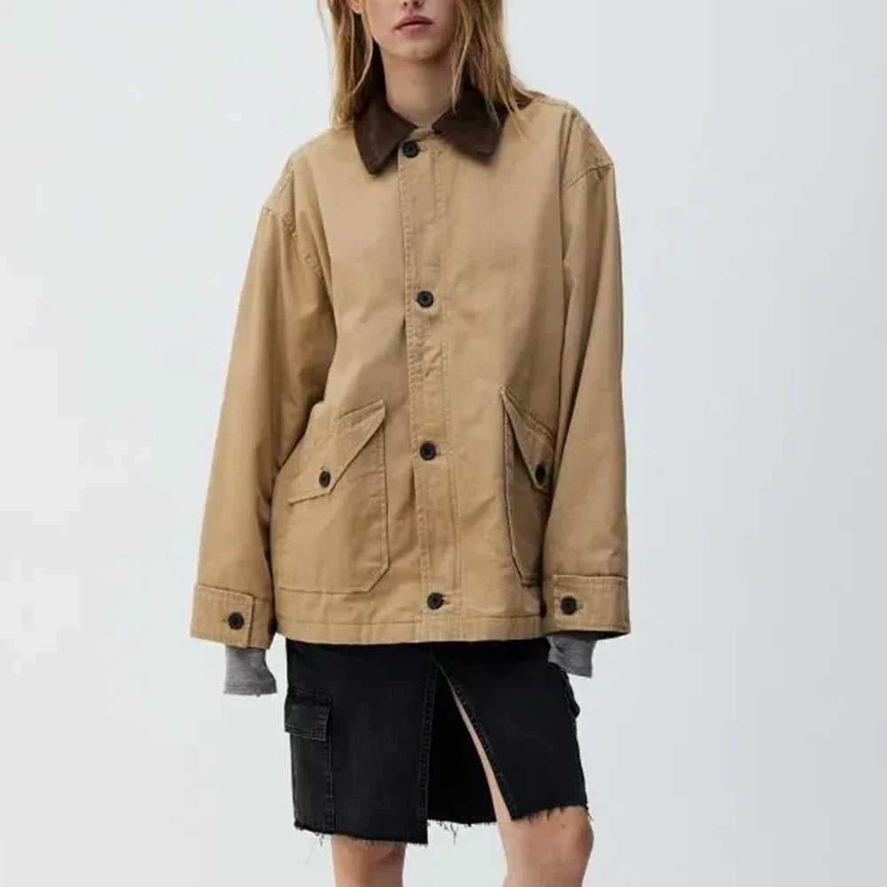 Cralom Solid Spliced Lapel Jacket with Pockets, Chic Minimalist Design