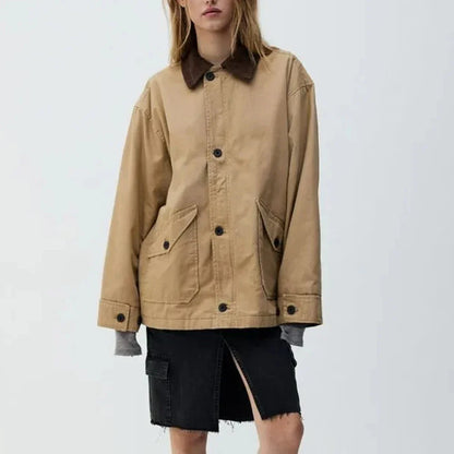 Cralom Solid Spliced Lapel Jacket with Pockets, Chic Minimalist Design