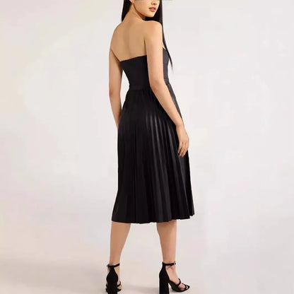 Cralom Shoulder Less Chest Hug Dress, Pleated Elastic Waist Cinched Sexy Summer Dress