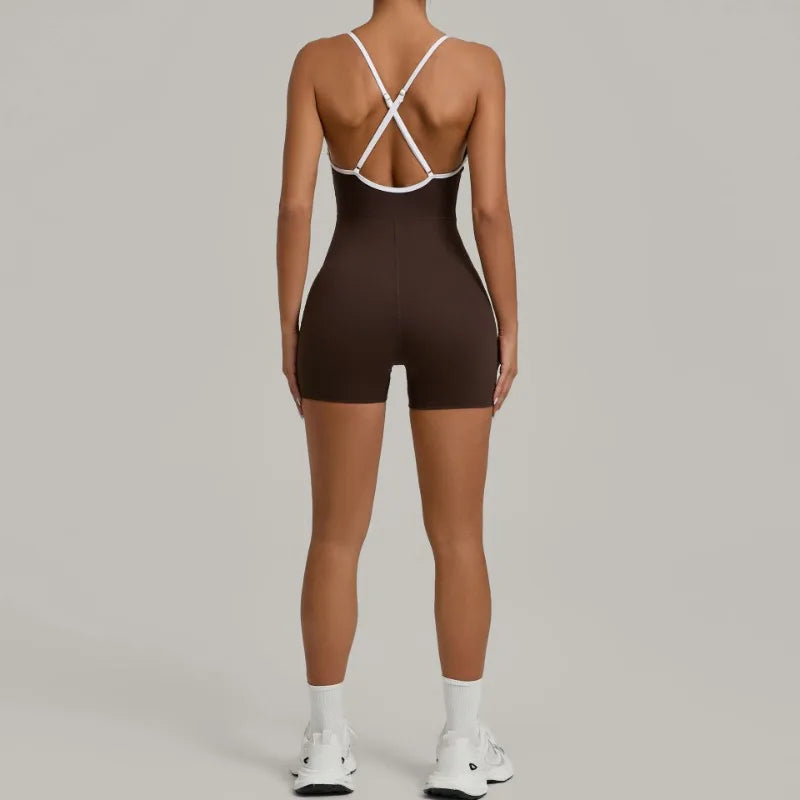 Cralom Color Block Yoga Jumpsuit for Women: Cross Strap, Push-Up, Butt-Lifting Bodysuit