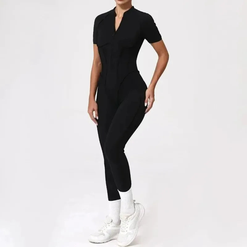 Cralom Seamless Front-Zip Short Sleeve Sports Jumpsuit