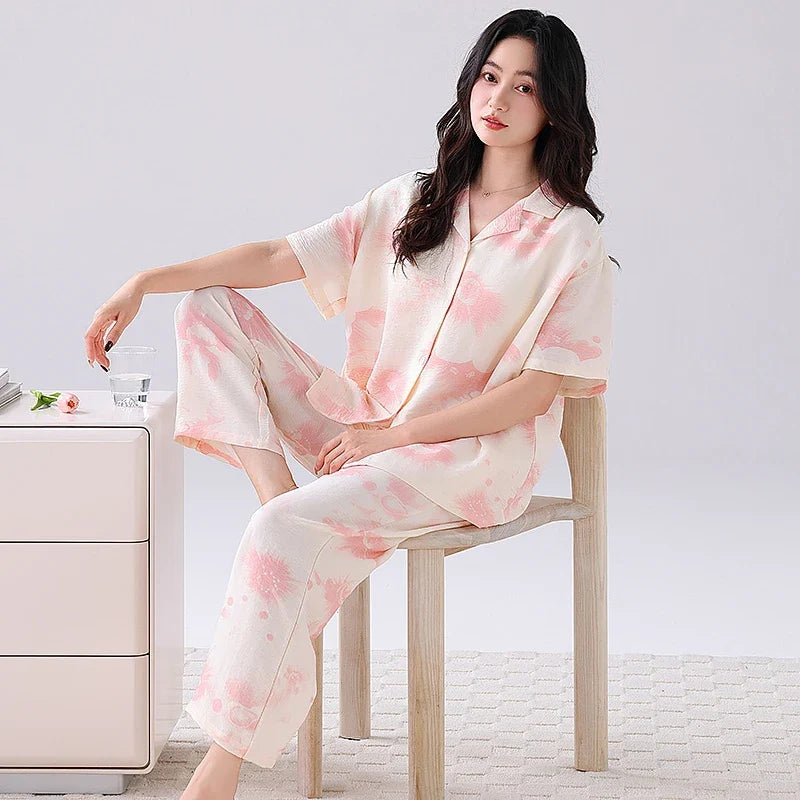 Cralom Floral Print Pajama Set: Short Sleeve Top with Built-in Bra and Breathable Pants