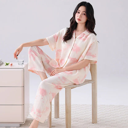 Cralom Floral Print Pajama Set: Short Sleeve Top with Built-in Bra and Breathable Pants