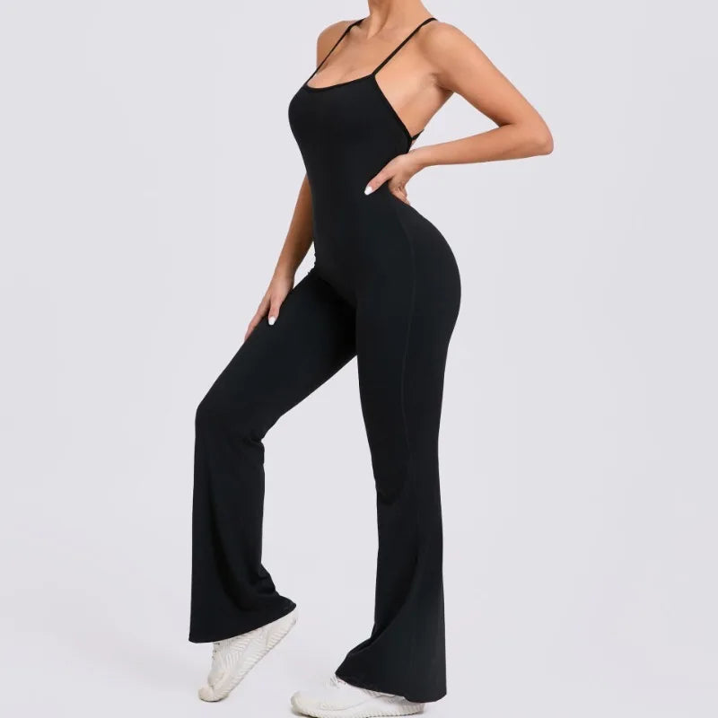 Cralom Cross Strap Yoga Jumpsuit - Flared Leg Fitness Suit