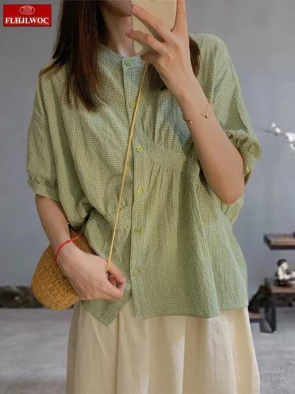 Cralom Retro Vintage Plaid Green Button Blouse Summer Casual Short Sleeve