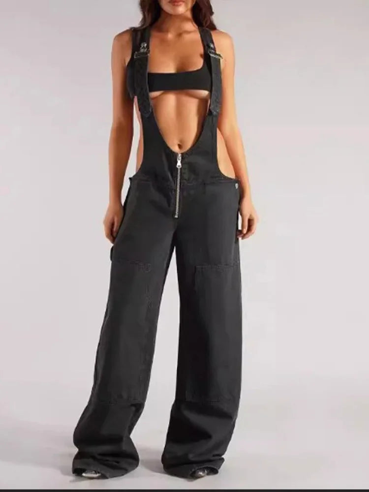 Cralom High Waist Backless Overalls Vintage Jeans - Trendy Y2k Style