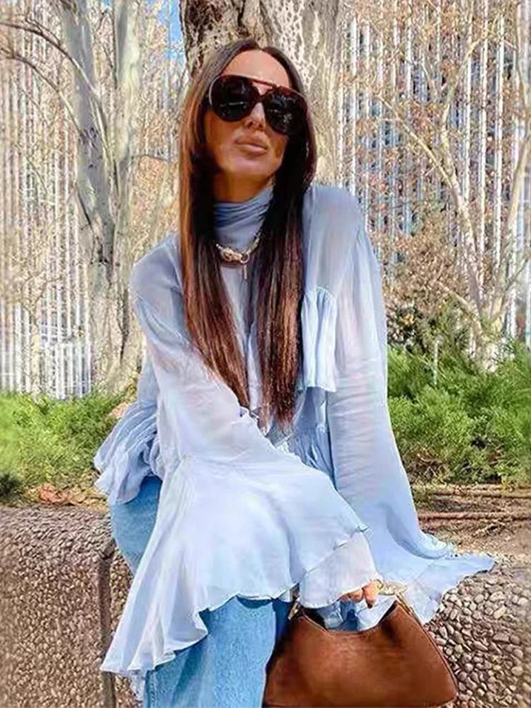 Cralom Chiffon Ruffle Shirt: Flare Sleeve Solid Blouse 2025 Spring Summer Streetwear