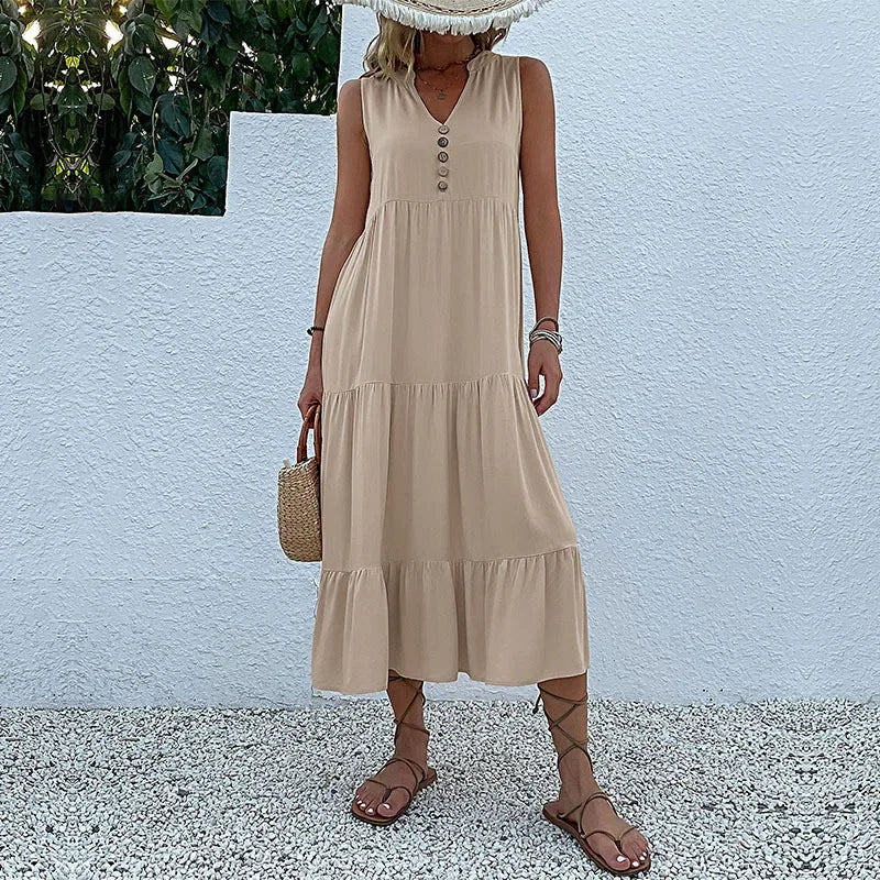 Cralom Women's Solid Color Loose A-Line Midi Dress - 2024 Summer Fashion