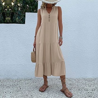 Cralom Women's Solid Color Loose A-Line Midi Dress - 2024 Summer Fashion
