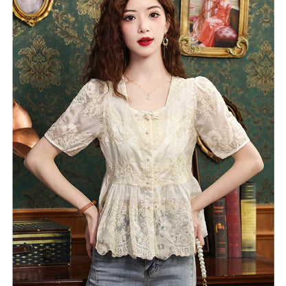 Cralom Embroidered Peplum Button Blouse | Women's Vintage Chic Slim Shirt