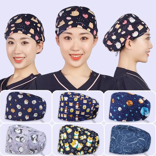 Cralom Women's Cat Print Doctor Hat for Pediatrics & Veterinary Clinics