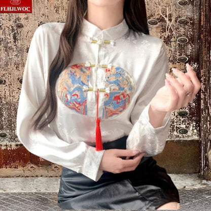 Cralom Stand Collar Bow Tie Embroidery Blouse - Chic Retro Vintage Button White Shirt