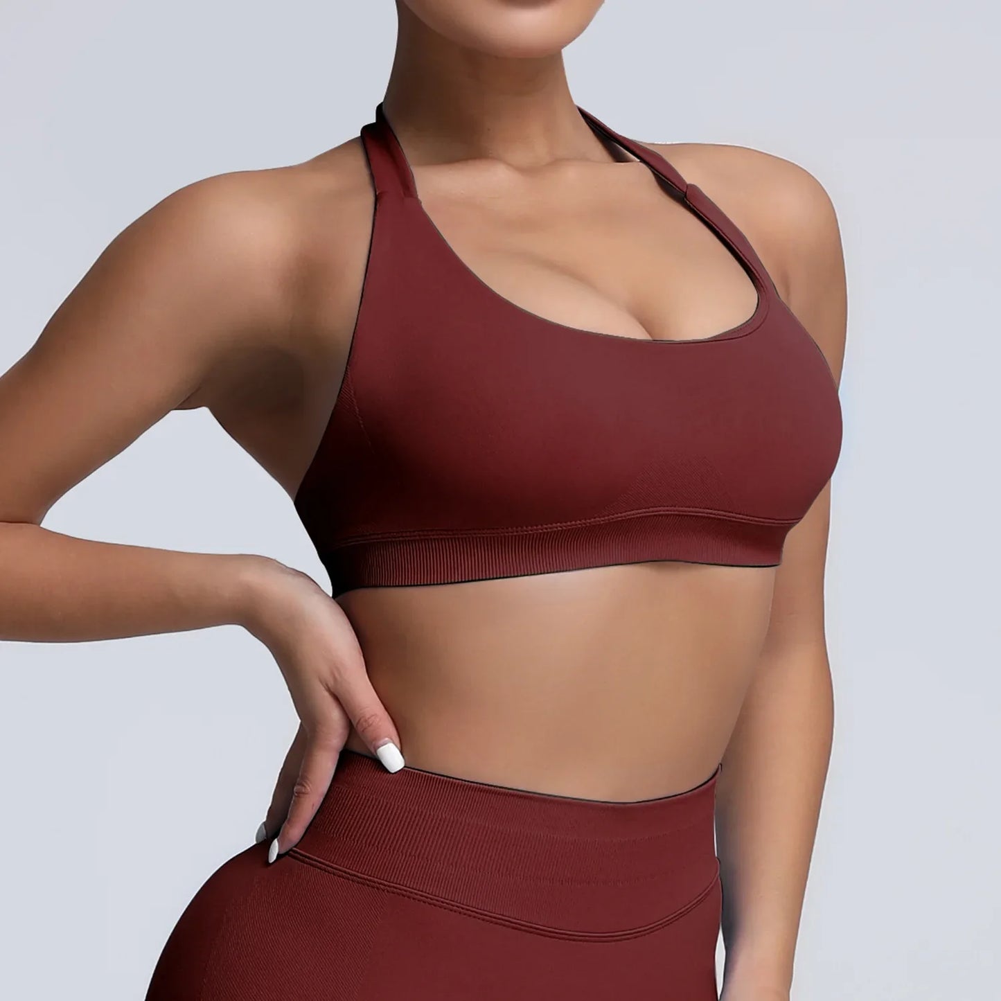 Cralom Yoga Halter Sports Bra Open Back Padded Crop Top Gym Fitness Running Top