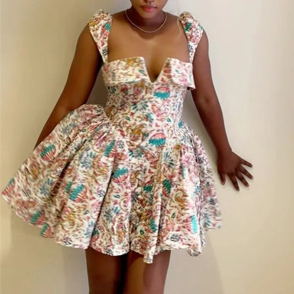 Cralom Square Neck Printed A-line Short Dress