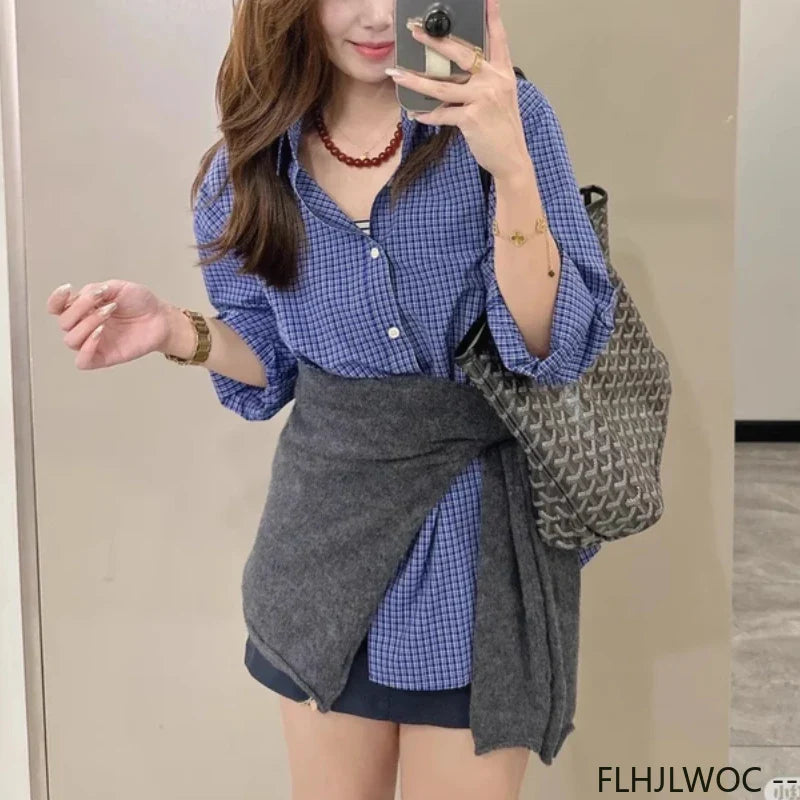 Cralom 2025 Long Sleeve Blue Plaid Shirt Button Detail Loose Fit