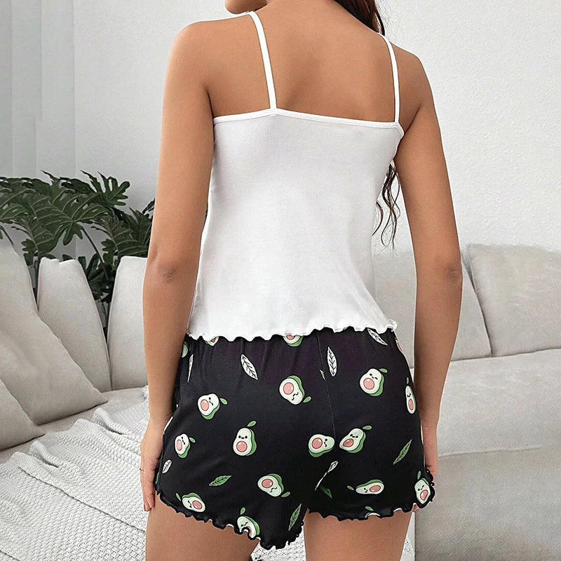 Cralom Satin Print Pajama Set: Cami Top & Bow Shorts Loungewear