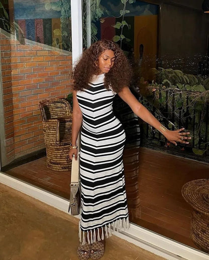 Cralom Ribbed Striped Tank Maxi Dress with Tassel Detail