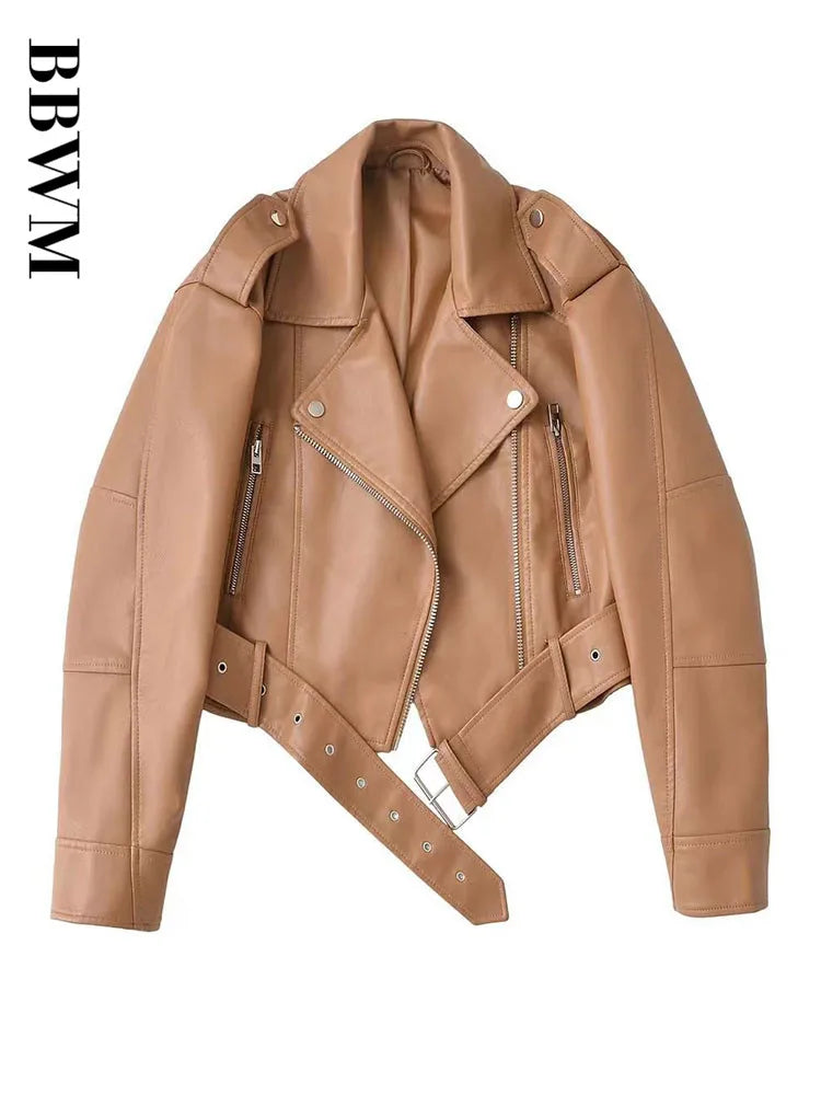 Cralom Faux Leather Jacket with Belt Zipper Lapel Spring Autumn Coat Women's Outwear