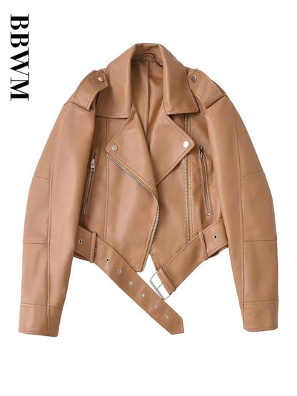 Cralom Faux Leather Jacket with Belt Zipper Lapel Spring Autumn Coat Women's Outwear