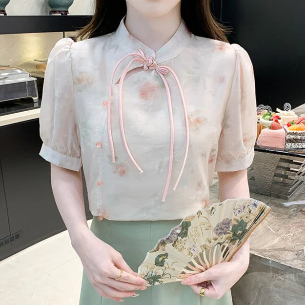 Cralom Floral Print Button Blouse Cute Retro Short Sleeve Tie Top