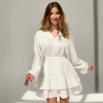 Cralom Women's Layered V-Neck Button Dress - 2024 Summer Collection