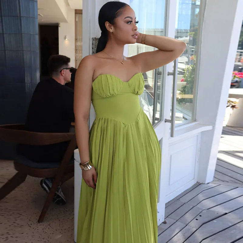 Cralom Solid Color Sleeveless Strapless Pleated Summer Dress