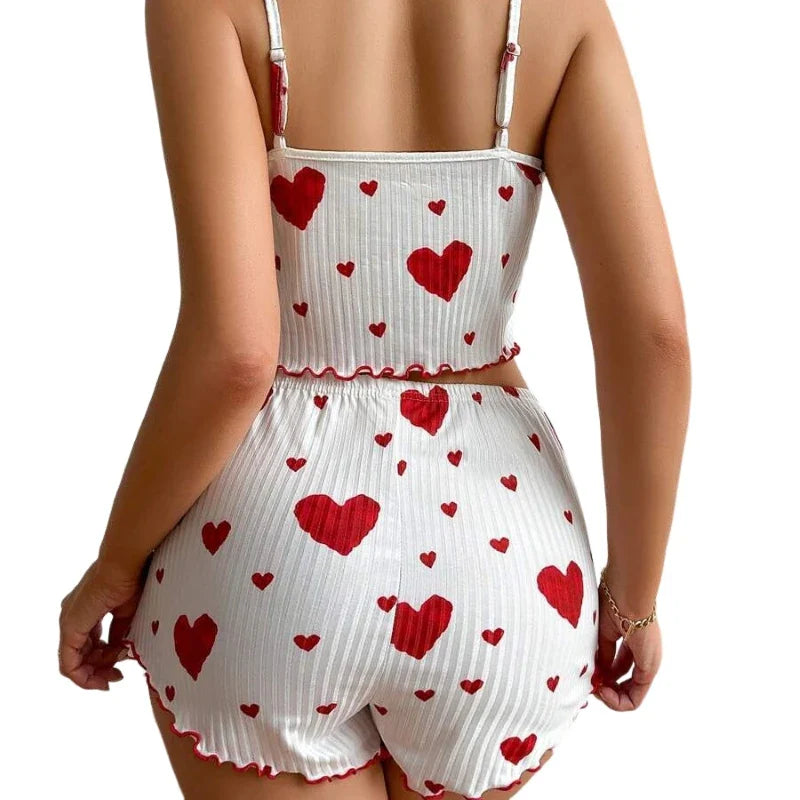 Heart Print Pajama Set with Adjustable Cami Top and Bow Shorts for Women by Cralom