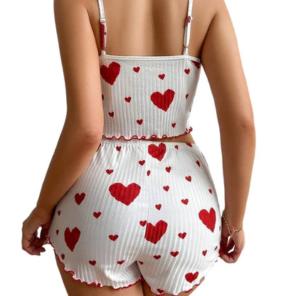 Heart Print Pajama Set with Adjustable Cami Top and Bow Shorts for Women by Cralom