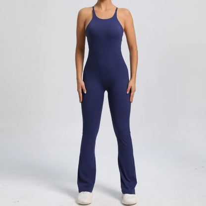 Cralom Seamless Yoga Set for Women, Open Back Flared Pants Gym Jumpsuit