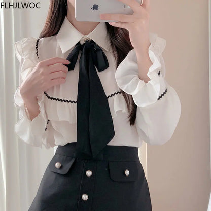 Cralom Retro Ruffles Bow Tie Shirt White