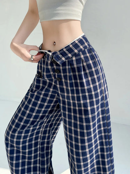 Cralom High Waist Plaid Capris Straight Pants