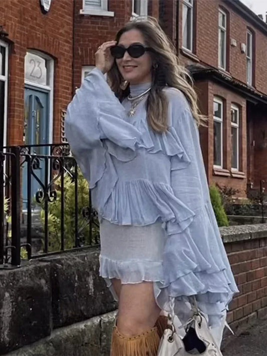 Cralom Chiffon Ruffle Shirt: Flare Sleeve Solid Blouse 2025 Spring Summer Streetwear