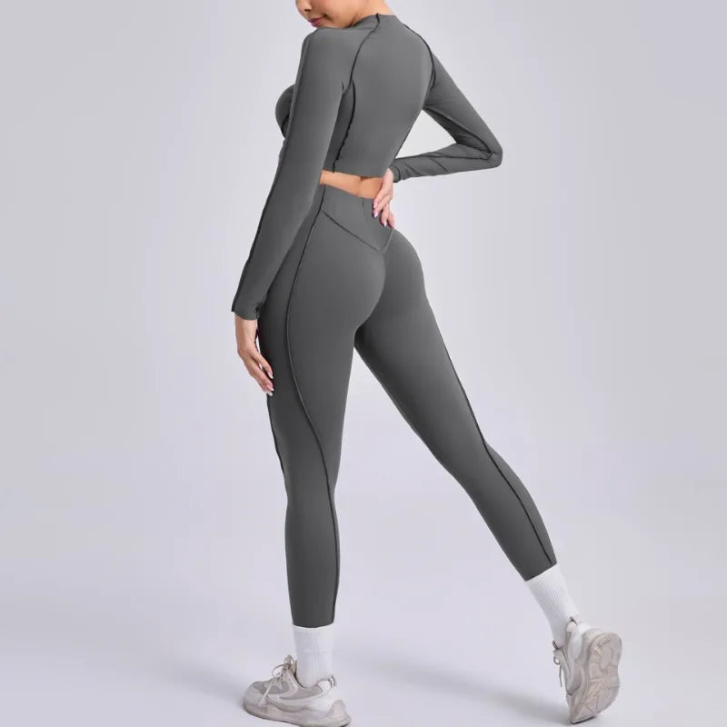 Cralom Seamless Yoga Set High Waisted Tummy Control Pleated Hip Lifting Workout Suit