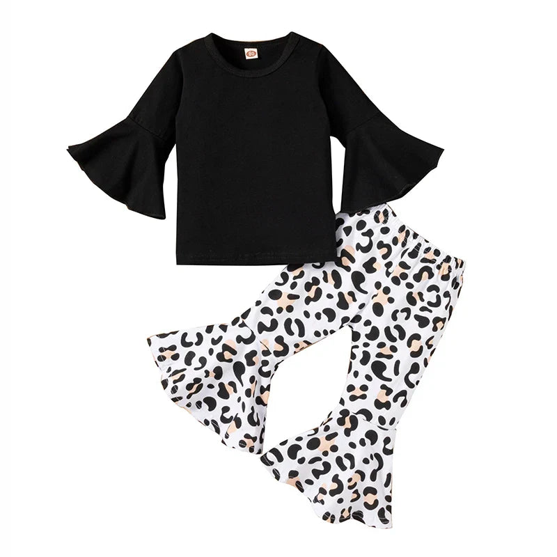Cralom Baby Girl Black Top + Leopard Print Bell-Bottoms Set for 2-8 Years