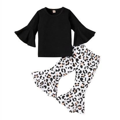 Cralom Baby Girl Black Top + Leopard Print Bell-Bottoms Set for 2-8 Years