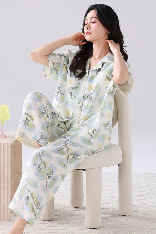 Cralom Soft Floral Print Pajama Set Short Sleeve Top Bra Inside Pant Comfort Sleepwear