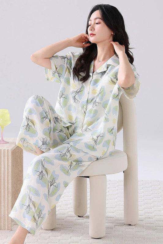 Cralom Soft Floral Print Pajama Set Short Sleeve Top Bra Inside Pant Comfort Sleepwear