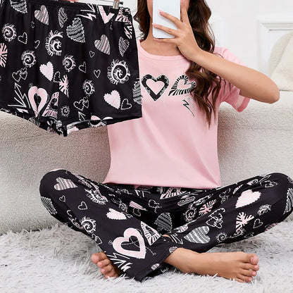Cralom Heart Print Pajama Set for Women: Tee, Shorts & Pants Home Sleepwear