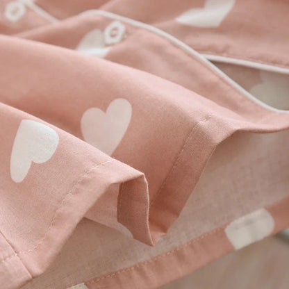 Cralom Heart Print Pajama Set Soft Breathable Fabric Comfortable Short Sleeve Button Top Matching Shorts