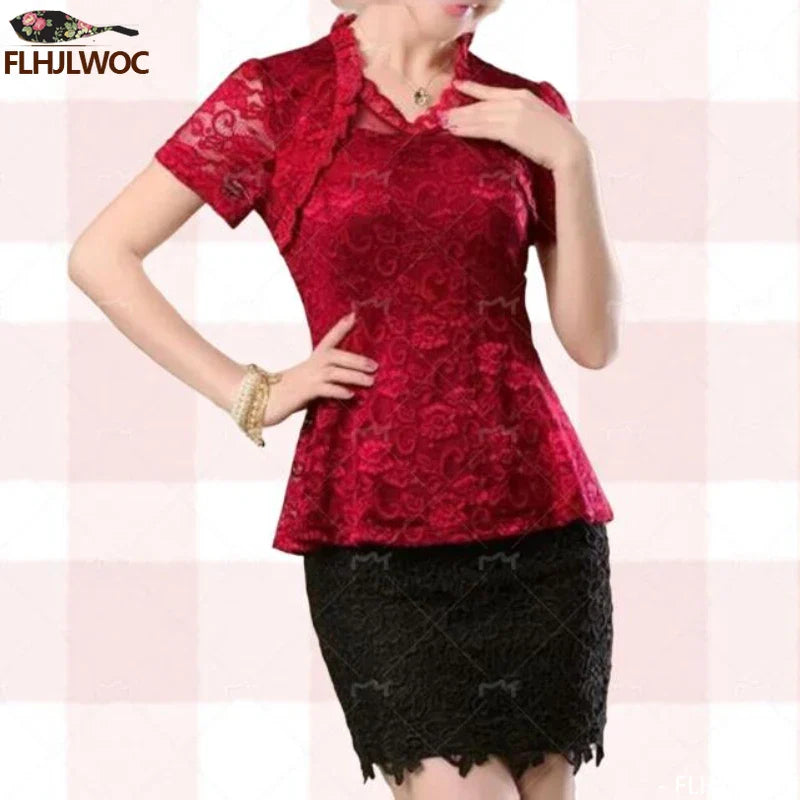 Cralom Vintage Lace Peplum Top Blouse Girls Retro Japan Style Mesh Shirt