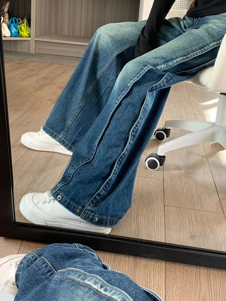 Cralom Vintage Blue Washed High Waist Straight Jeans Women's Streetwear