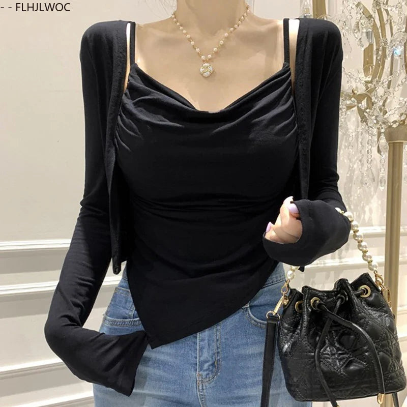 Cralom Y2K Bodycon Two-Piece Set Tops, Sexy Slim Fit Blouses, New Style Korean Tees