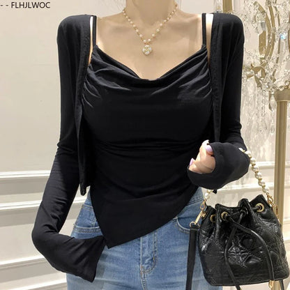 Cralom Y2K Bodycon Two-Piece Set Tops, Sexy Slim Fit Blouses, New Style Korean Tees