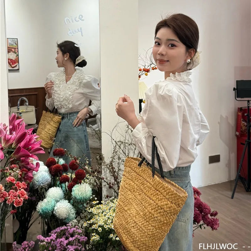 Cralom 2024 Autumn Chic White Button Blouse Solid Korea Fashion Tops.