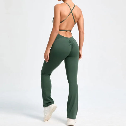 Cralom Seamless Yoga Set for Women, Open Back Flared Pants Gym Jumpsuit