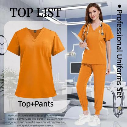 Cralom Multicolour Nurse Scrubs Set V-neck Top Pocket Pants